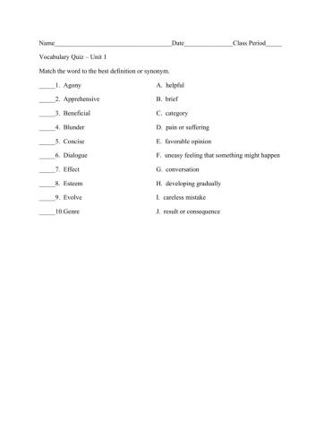 A+ 6th Grade Unit 1 WK 1 Vocabulary Test