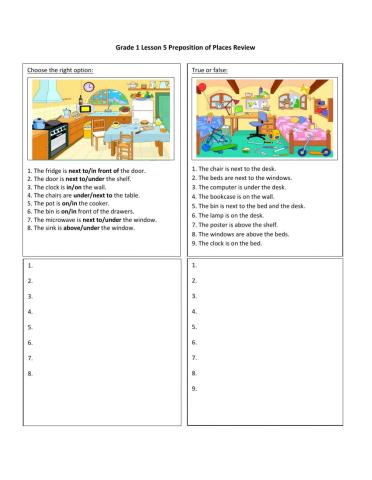 Grade 1 Homework - Lesson 5 Preposition of Places
