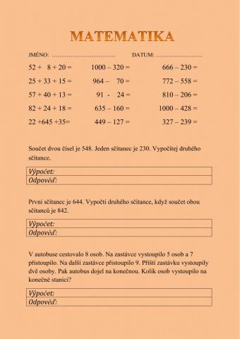 MATEMATIKA - sčítání a odčítání