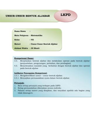 LKPD Unsur-Unsur Bentuk Aljabar