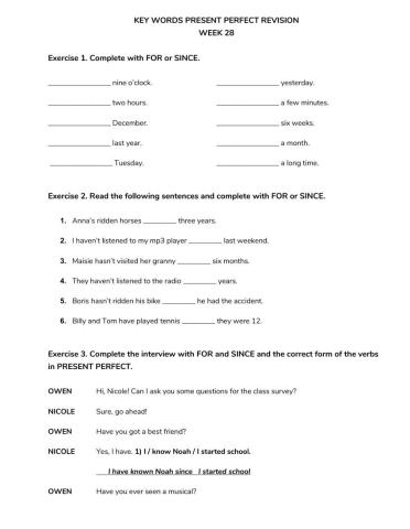 Key Words Present Perfect (Week 28)