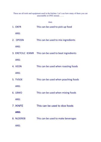 Kitchen tools unscramble