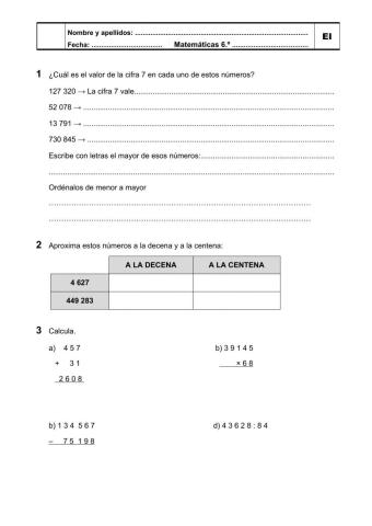 Evaluación inicial  matemáticas 6º ep