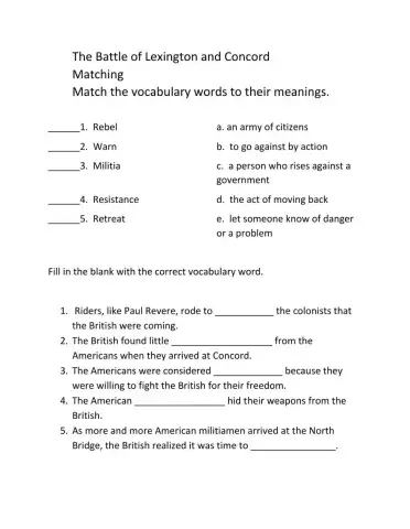 The Battle of Lexington and Concord Vocabulary