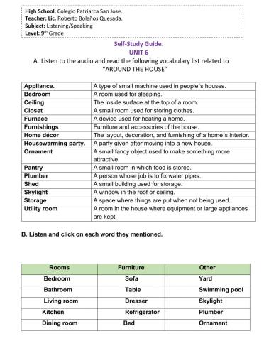 UNIT 6. AROUND THE HOUSE 1. VOCABULARY