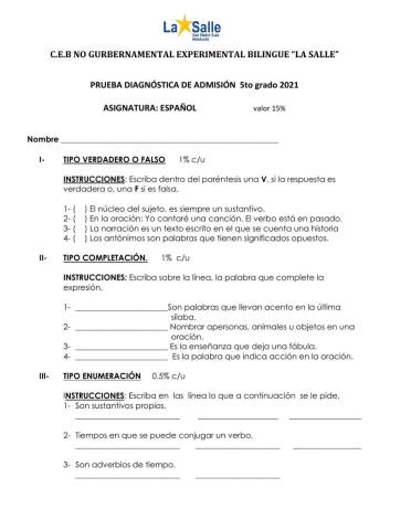 Prueba diagnóstica 5to grado 2021