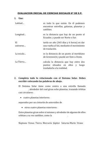 Evaluacion inicial sociales 6º