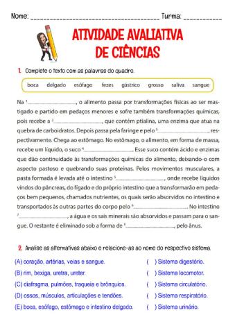 Atividade avaliativa de ciências