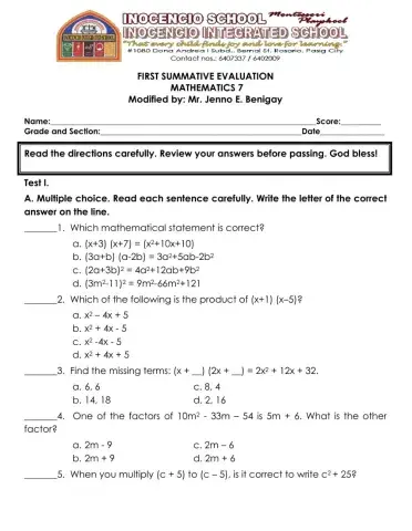 First summative evaluation mathematics 7