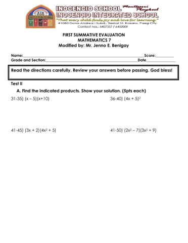 FIRST SUMMATIVE EVALUATION MATHEMATICS 7 Part 2