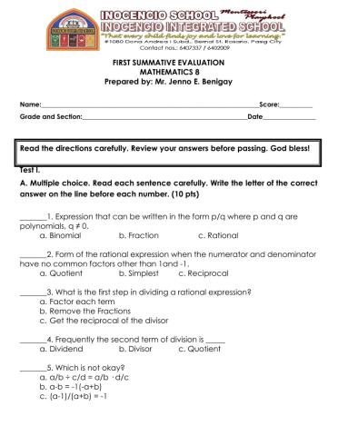 FIRST SUMMATIVE EVALUATION MATHEMATICS 8 Part 1