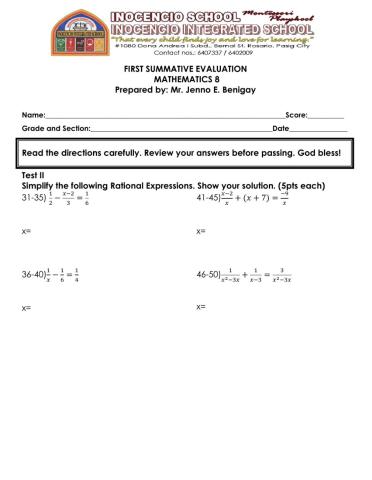 FIRST SUMMATIVE EVALUATION MATHEMATICS 8 Part 2