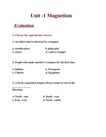 Magnetism worksheet