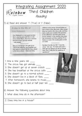 Reading exam 3rd Children