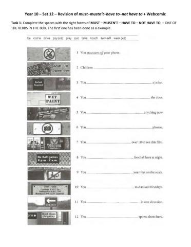 Year 10 – Set 12 – Revision of must–mustn’t–have to–not have to + Webcomic