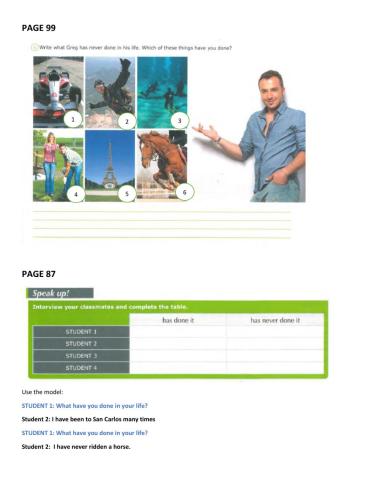 Present perfect ever-never page 99, 87, 103