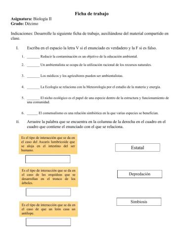 Ficha de trabajo: El Ecosistema y sus componentes.