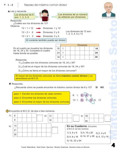Matemáticas Sexto Primaria Ejercicios P. 4 - Repaso de máximo común divisor
