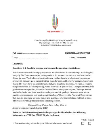 Lớp 10 - Kiểm tra 15 phút - Kỹ năng Đọc + Từ vựng số 3