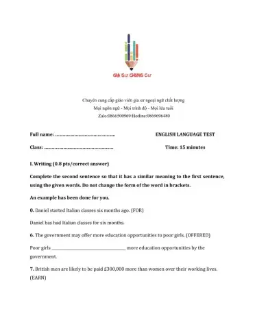 Lớp 10 - Kiểm tra 15 phút - Kỹ năng Viết + Ngữ pháp số 3