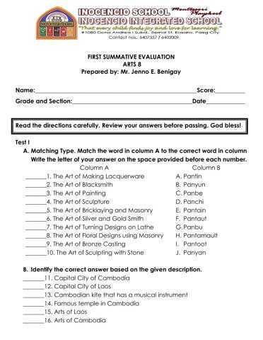 FIRST SUMMATIVE EVALUATION ARTS 8 Part 1