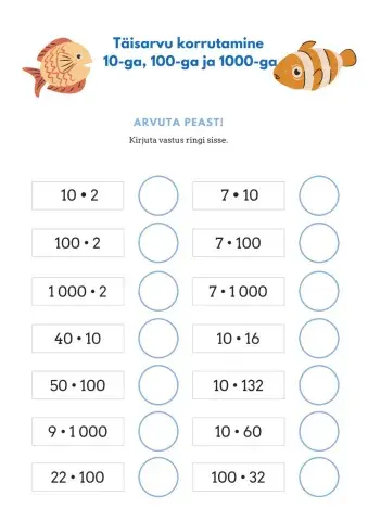 Täisarvu korrutamine 10-ga, 100-ga ja 1000-ga