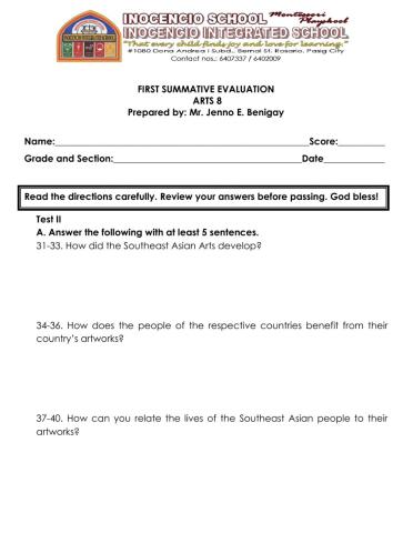FIRST SUMMATIVE EVALUATION ARTS 8 Part 2