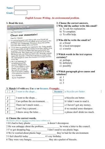 Writing. An environmental problem. (8-V)