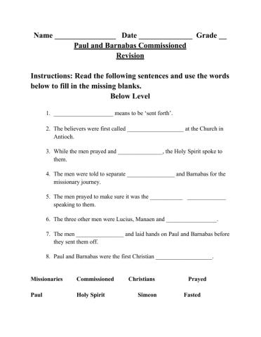 Paul and Barnabas Commissioned Lower Fill-in-the-blanks