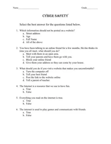 Cyber Safety Multiple Choice and True and False