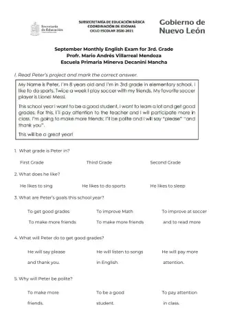 Examen Mensual de Inglés - 3er Grado-Septiembre