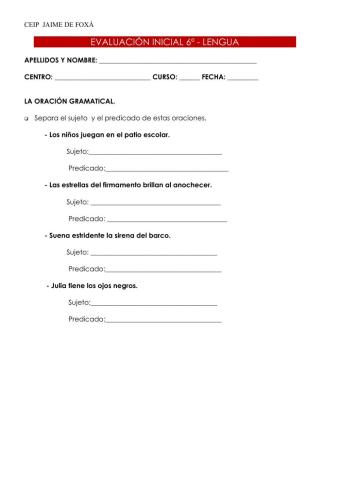 Evaluación inicial lenguaje 6º curso 2020-2021