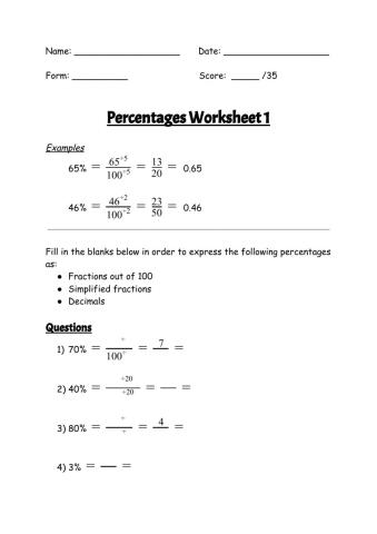 Percentages Worksheet 1