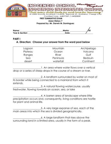First Summative Evaluation Part 1 Asian History 7