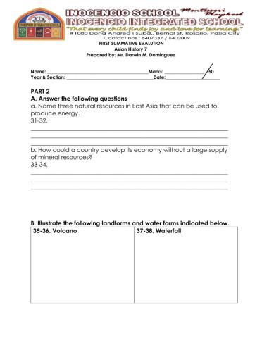 First Summative Evaluation Part 2 Asian History 7