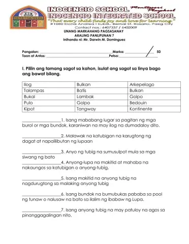 Unang Markahang Pagsasanay Part 1 Araling Panlipunan 7