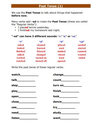 Past Tense Simple Regular