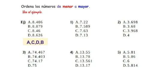 Ordenar números decimales de menor a mayor