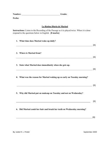 Mi Rutina Diaria-Listening Comprehension Questions