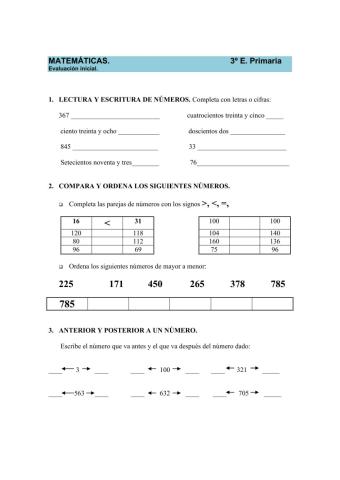 EV inicial Matemáticas tercero