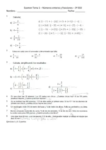 Tema 1 .- Números enteros y fracciones 3º ESO