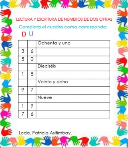 Lectura y escritura de números de 2 cifras
