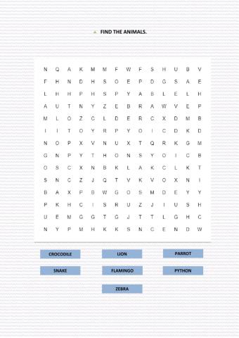 Wild animals wordsearch.