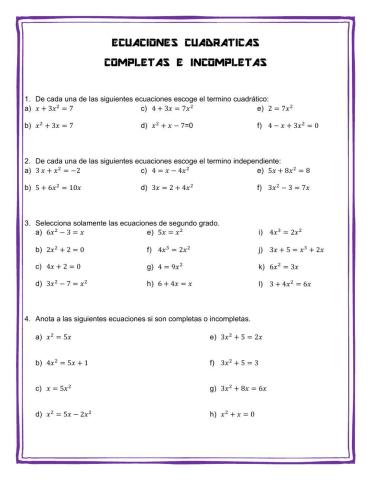 Ecuaciones cuadraticas completa e incompletas