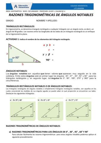 RAZONES TRIGONOMÉTRICAS DE ÁNGULOS NOTABLES