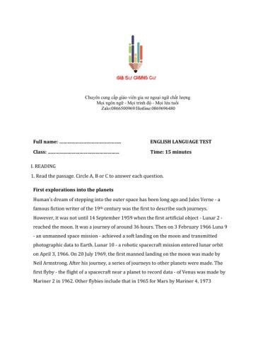 Lớp 9 - Unit 10 SPACE TRAVEL-READING -