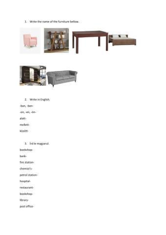 Vocabulary practice- furniture, prepositions, buildings