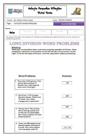 Classwork - lon division word problems- third grade-math