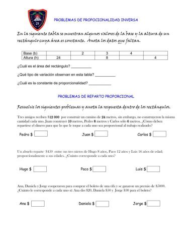 Problemas de proporcionalidad inversa y reparto proporcional