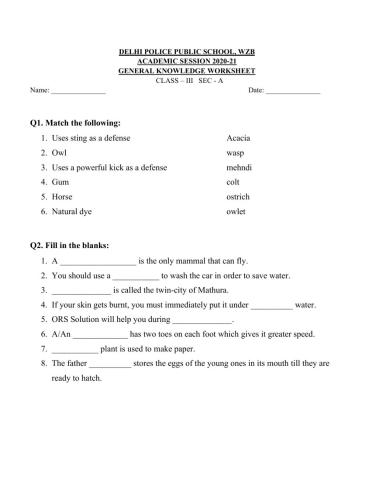 General Knoweldge revision worksheet